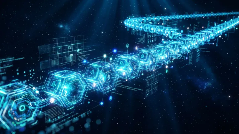 Futuristic blockchain visualization: interconnected glowing blue and cyan hexagonal blocks forming an infinite chain in dark space.