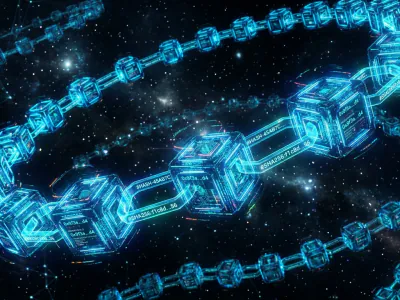 Futuristic blockchain: interconnected glowing blue and cyan hexagonal blocks forming an infinite tamper-proof chain.