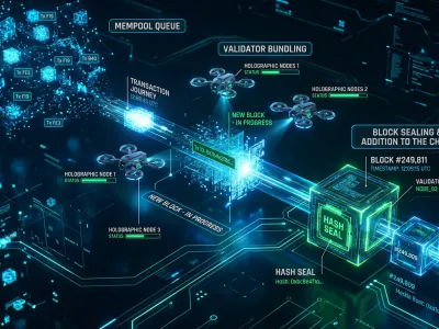 Futuristic block formation: holographic journey from mempool through validator to a sealed block added to the chain.