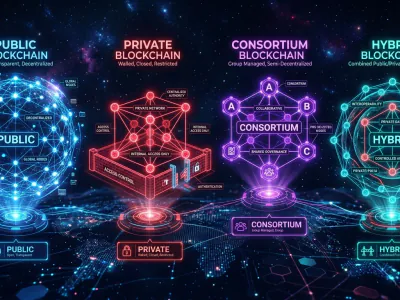 Futuristic four types of blockchains: public, private, consortium, and hybrid network nodes with distinct access patterns.
