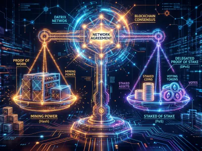 Futuristic consensus mechanisms: holographic balance scale comparing PoW, PoS, and DPoS reaching network agreement.