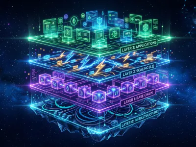 Futuristic blockchain layers: holographic four-layer stack from infrastructure to apps, each distinctly colored.