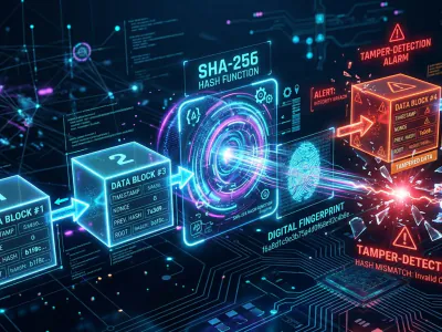 Futuristic cryptographic hashing: holographic SHA-256 function with hash chains linking blocks and tamper-detection alarm.