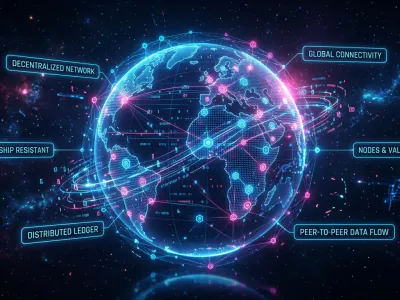 Futuristic decentralization: holographic globe with thousands of independent nodes resisting censorship.