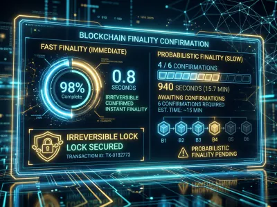 Futuristic blockchain finality: holographic confirmation gauge showing fast vs probabilistic finality with irreversible locks.