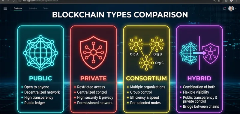 Public vs Private vs Consortium vs Hybrid Blockchain Comparison